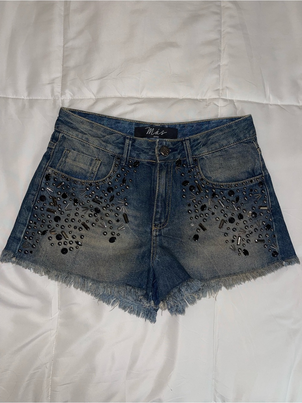 Animale Blue Denim Studded Frayed-Hem Shorts